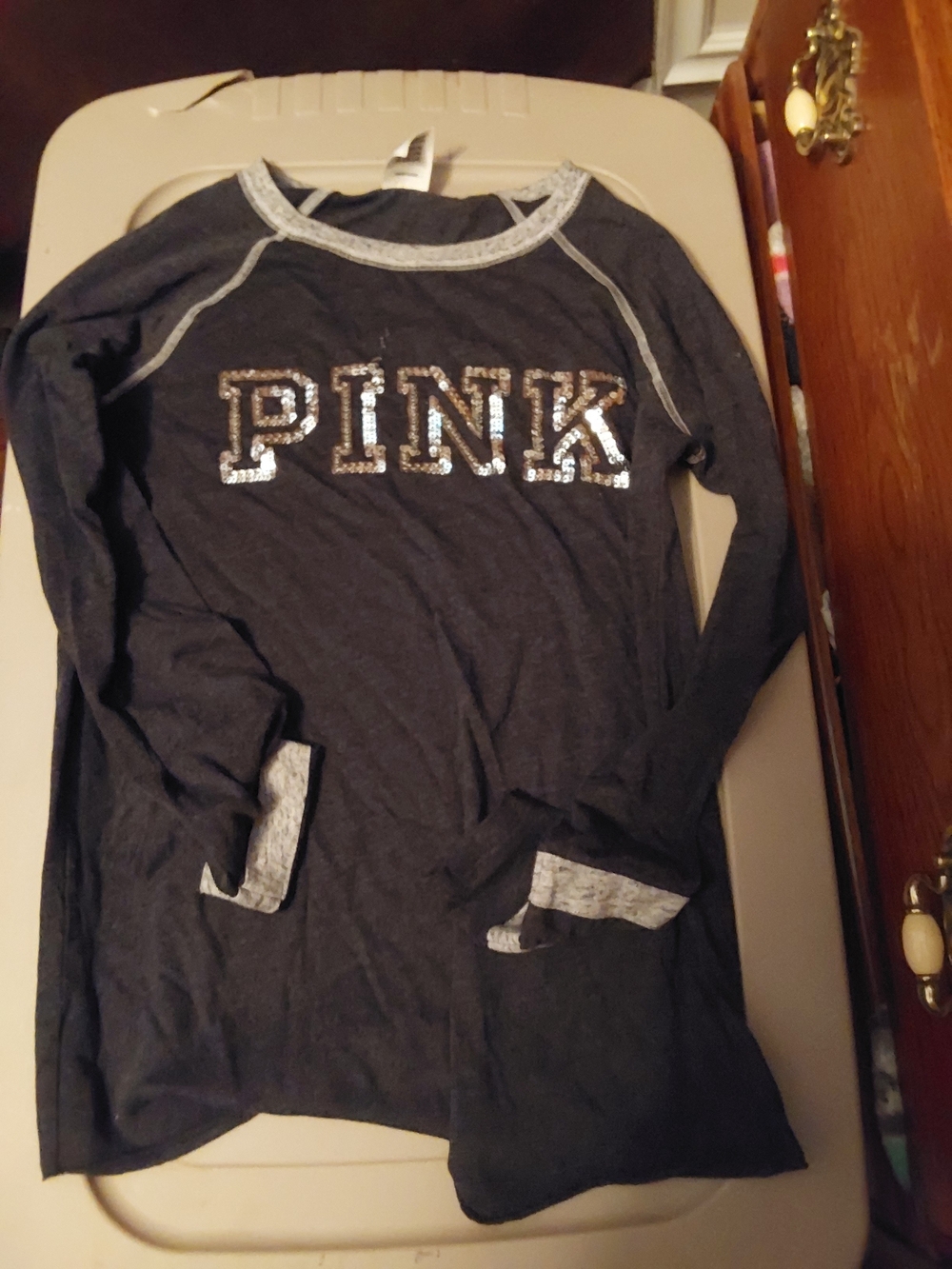 PINK Victoria's Secret Dark Gray Long Sleeve Sequin Logo Tee